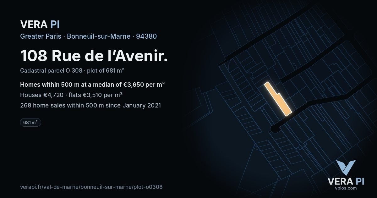 108 Rue de l’Avenir, Bonneuil-sur-Marne at night – the plot lit, the parcels around coloured by the prices near them