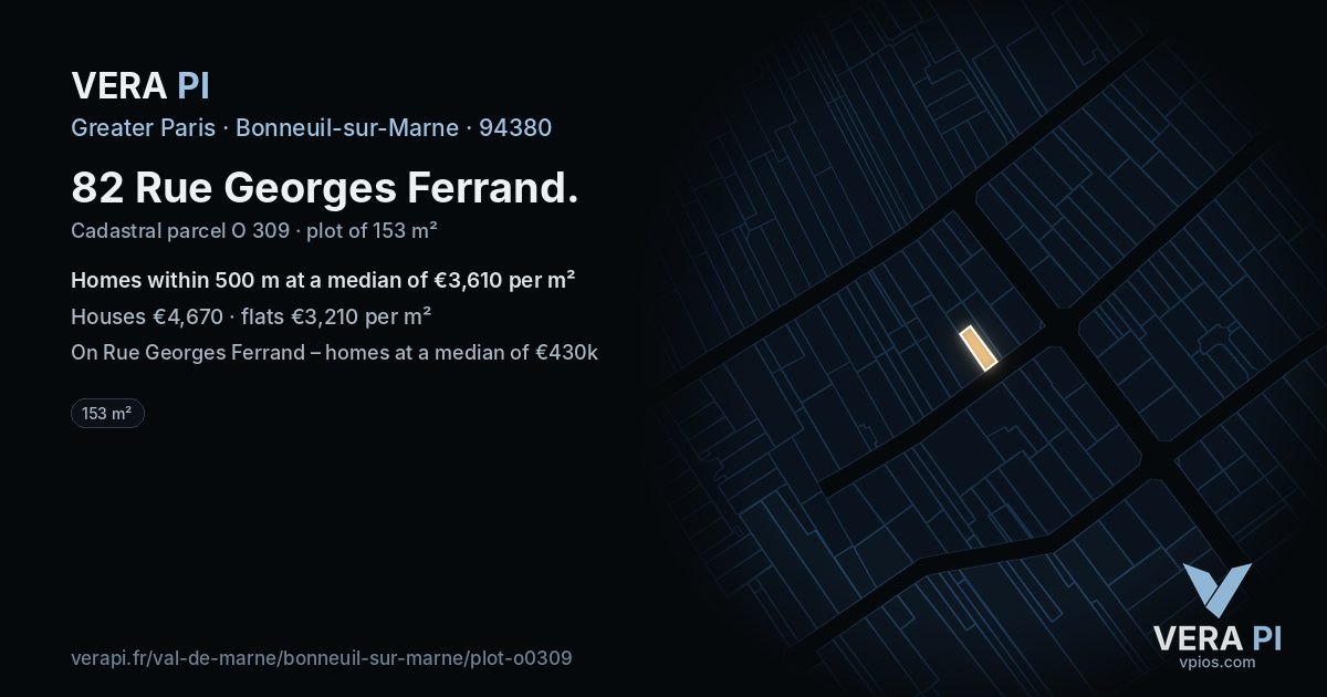 82 Rue Georges Ferrand, Bonneuil-sur-Marne at night – the plot lit, the parcels around coloured by the prices near them