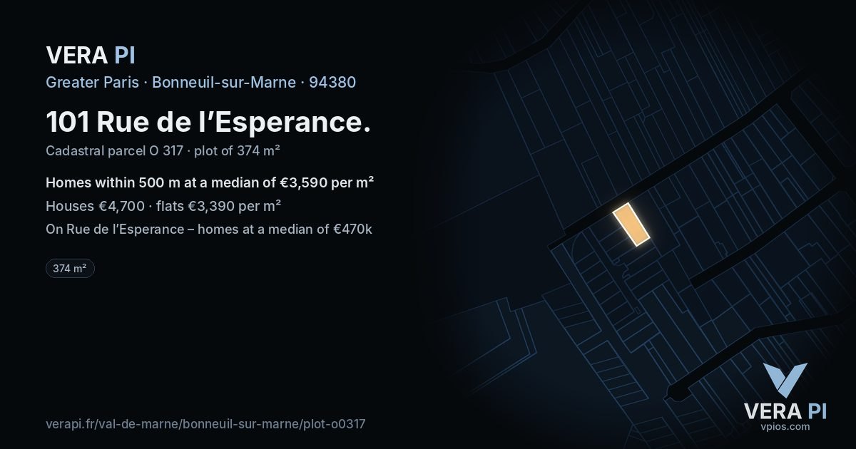 101 Rue de l’Esperance, Bonneuil-sur-Marne at night – the plot lit, the parcels around coloured by the prices near them