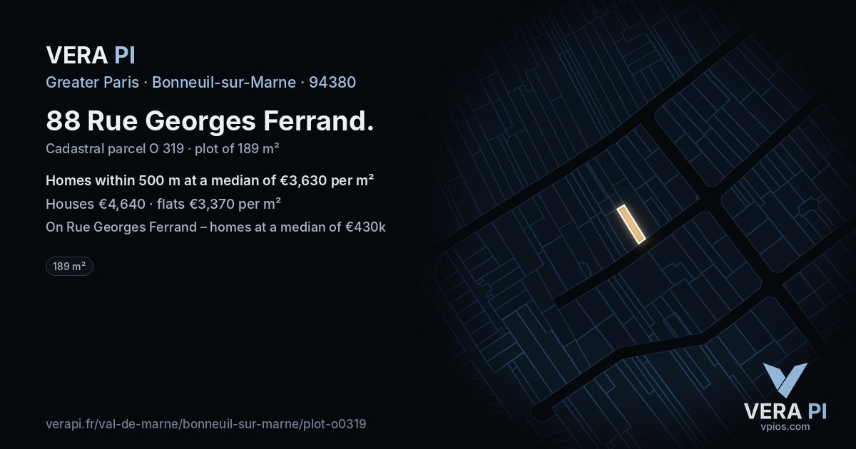 88 Rue Georges Ferrand, Bonneuil-sur-Marne at night – the plot lit, the parcels around coloured by the prices near them