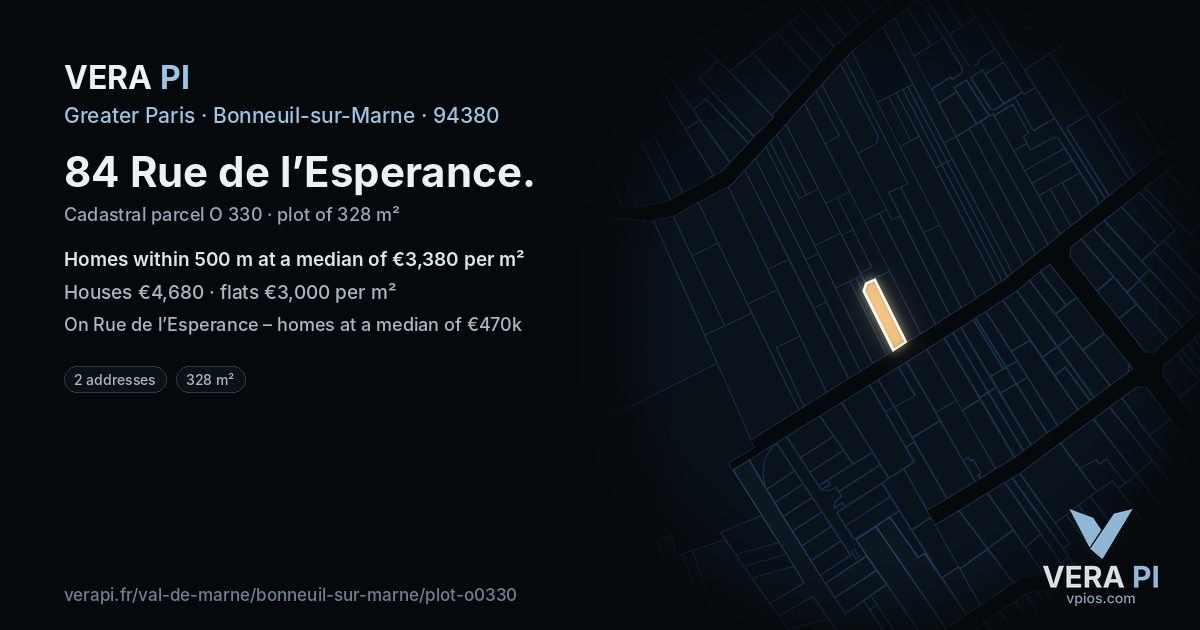 84 Rue de l’Esperance, Bonneuil-sur-Marne at night – the plot lit, the parcels around coloured by the prices near them