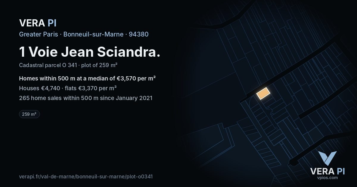 1 Voie Jean Sciandra, Bonneuil-sur-Marne at night – the plot lit, the parcels around coloured by the prices near them