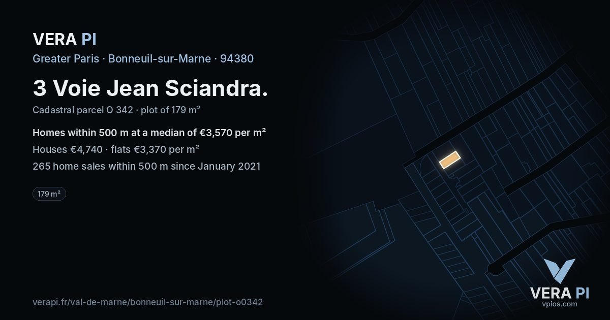 3 Voie Jean Sciandra, Bonneuil-sur-Marne at night – the plot lit, the parcels around coloured by the prices near them
