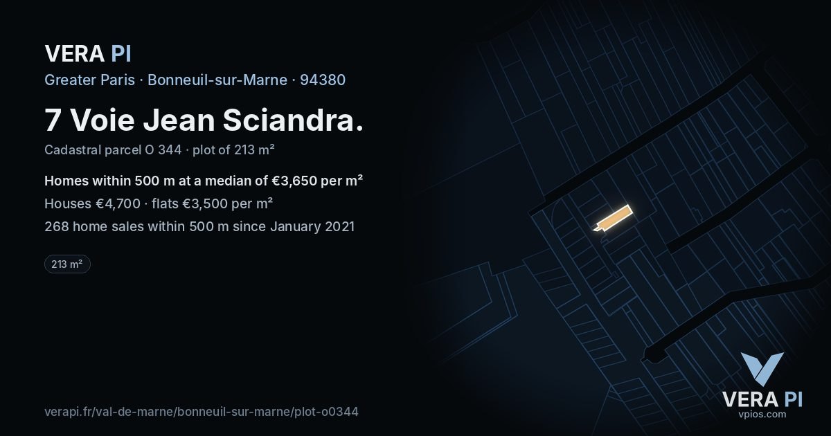7 Voie Jean Sciandra, Bonneuil-sur-Marne at night – the plot lit, the parcels around coloured by the prices near them
