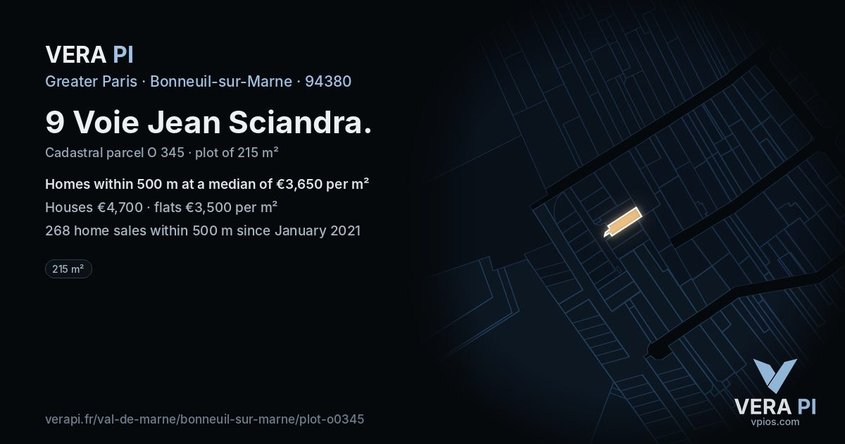 9 Voie Jean Sciandra, Bonneuil-sur-Marne at night – the plot lit, the parcels around coloured by the prices near them