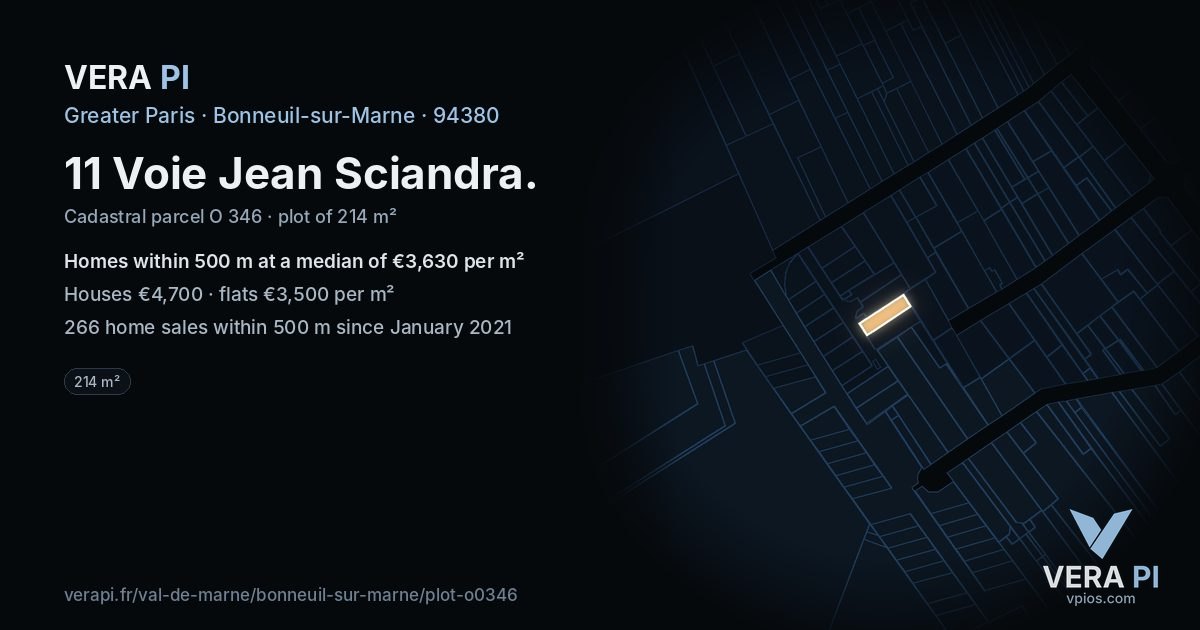 11 Voie Jean Sciandra, Bonneuil-sur-Marne at night – the plot lit, the parcels around coloured by the prices near them