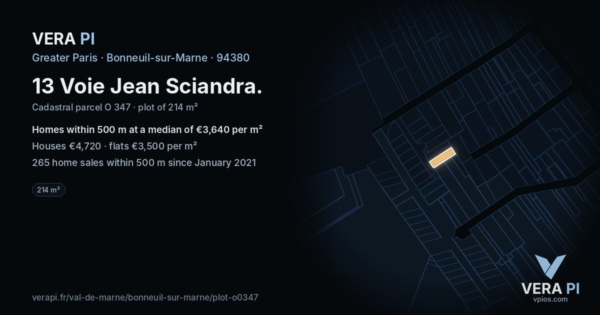 13 Voie Jean Sciandra, Bonneuil-sur-Marne at night – the plot lit, the parcels around coloured by the prices near them