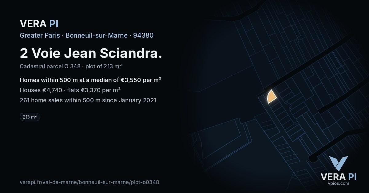 2 Voie Jean Sciandra, Bonneuil-sur-Marne at night – the plot lit, the parcels around coloured by the prices near them
