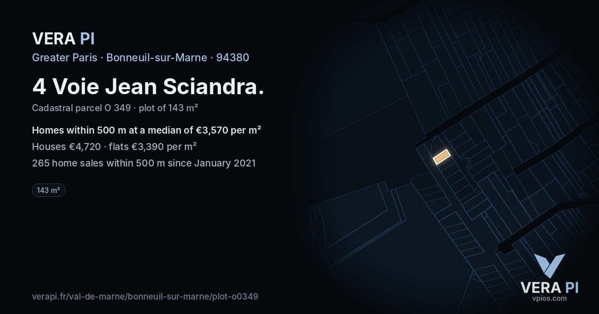 4 Voie Jean Sciandra, Bonneuil-sur-Marne at night – the plot lit, the parcels around coloured by the prices near them