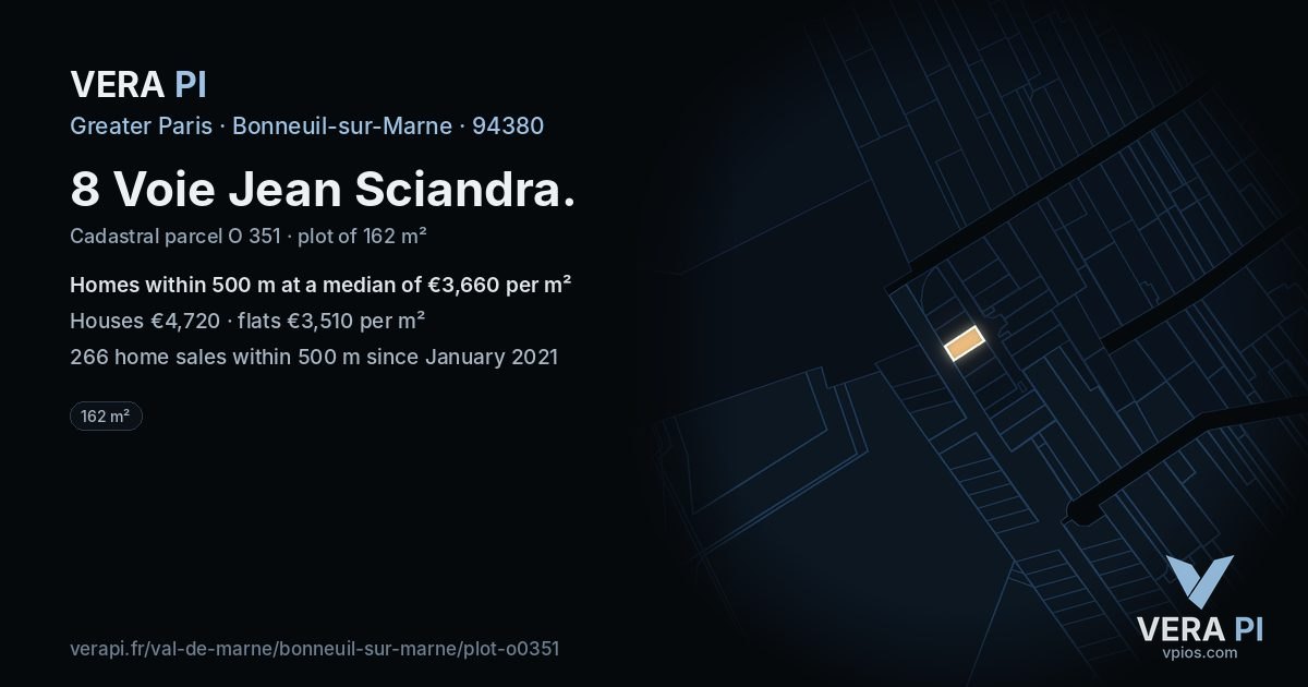 8 Voie Jean Sciandra, Bonneuil-sur-Marne at night – the plot lit, the parcels around coloured by the prices near them