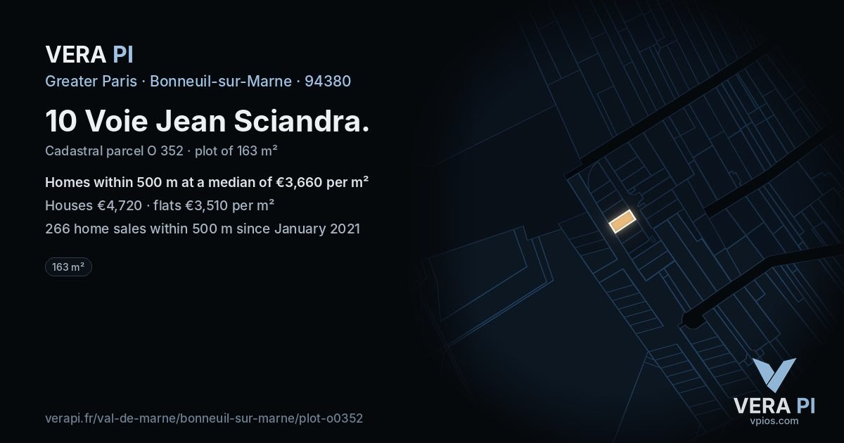 10 Voie Jean Sciandra, Bonneuil-sur-Marne at night – the plot lit, the parcels around coloured by the prices near them