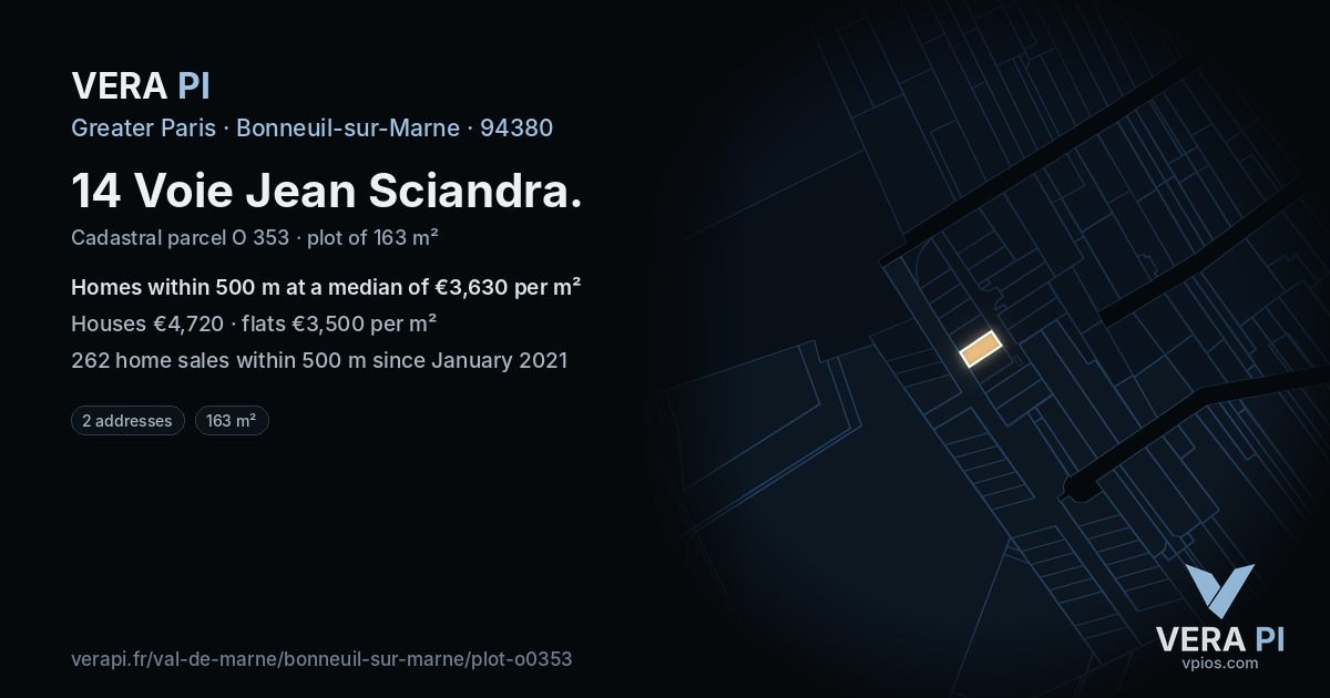14 Voie Jean Sciandra, Bonneuil-sur-Marne at night – the plot lit, the parcels around coloured by the prices near them