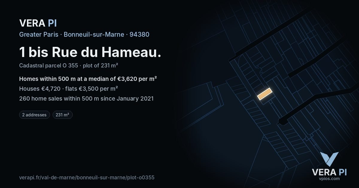 1 bis Rue du Hameau, Bonneuil-sur-Marne at night – the plot lit, the parcels around coloured by the prices near them