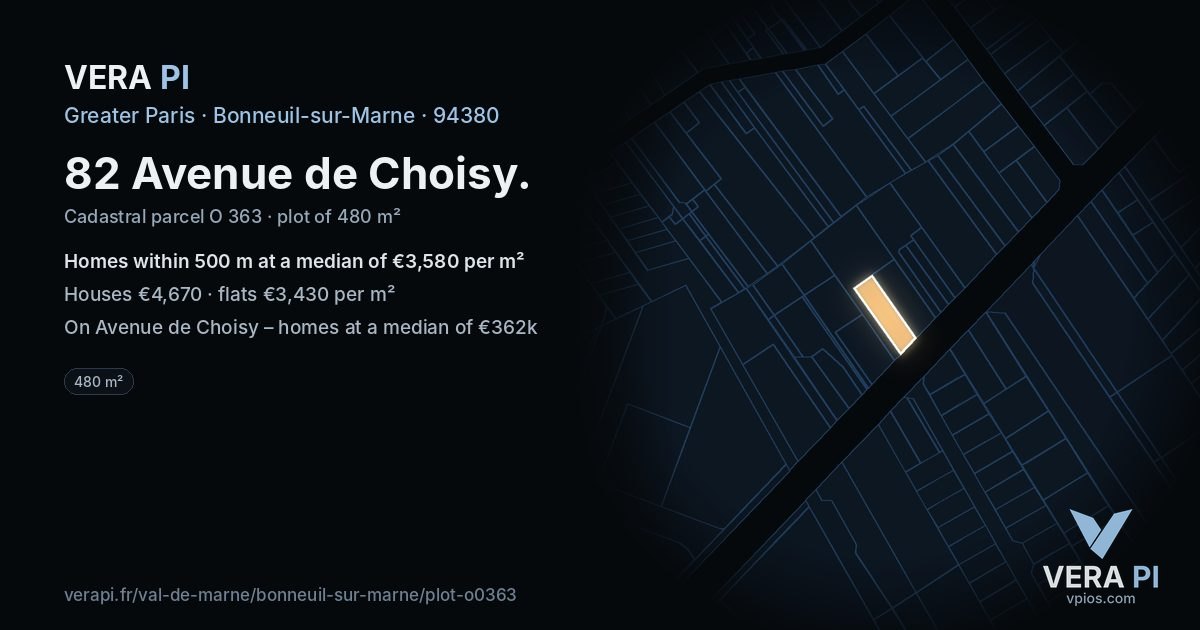 82 Avenue de Choisy, Bonneuil-sur-Marne at night – the plot lit, the parcels around coloured by the prices near them