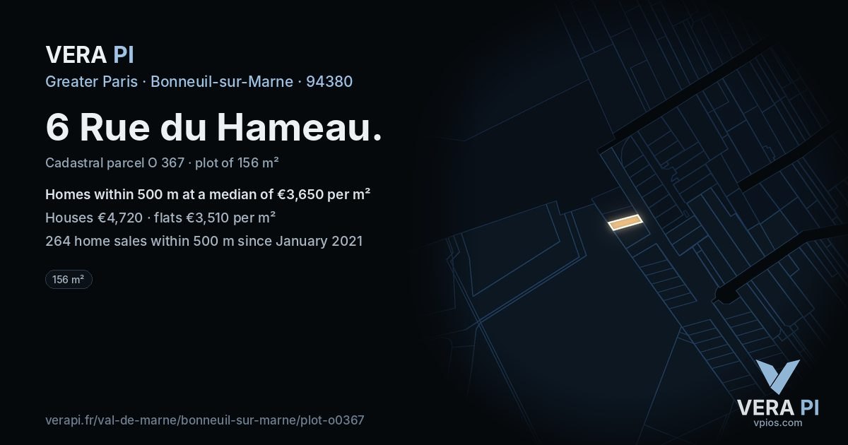 6 Rue du Hameau, Bonneuil-sur-Marne at night – the plot lit, the parcels around coloured by the prices near them
