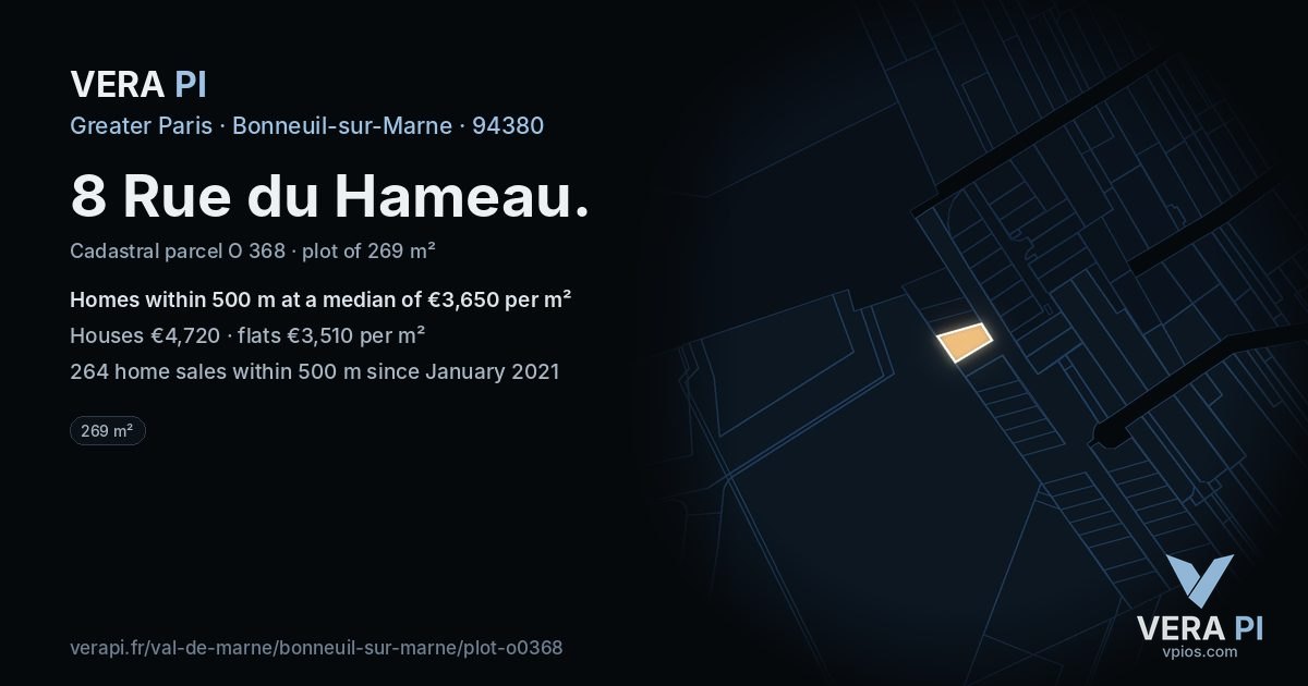 8 Rue du Hameau, Bonneuil-sur-Marne at night – the plot lit, the parcels around coloured by the prices near them