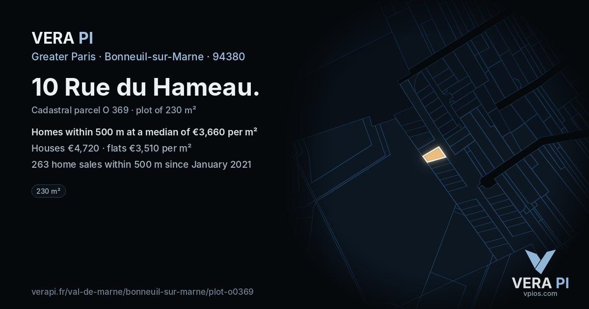 10 Rue du Hameau, Bonneuil-sur-Marne at night – the plot lit, the parcels around coloured by the prices near them
