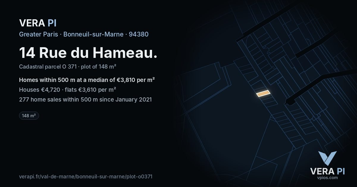 14 Rue du Hameau, Bonneuil-sur-Marne at night – the plot lit, the parcels around coloured by the prices near them