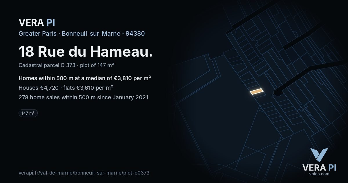 18 Rue du Hameau, Bonneuil-sur-Marne at night – the plot lit, the parcels around coloured by the prices near them