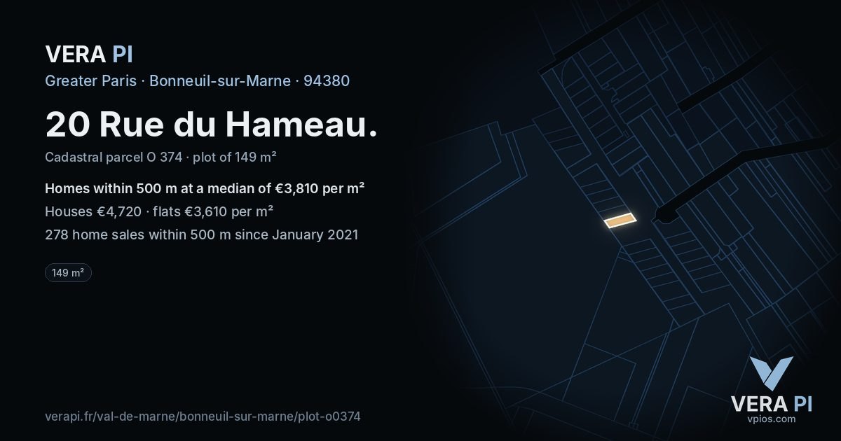 20 Rue du Hameau, Bonneuil-sur-Marne at night – the plot lit, the parcels around coloured by the prices near them