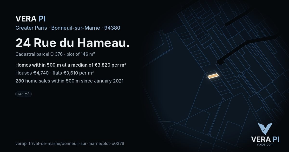 24 Rue du Hameau, Bonneuil-sur-Marne at night – the plot lit, the parcels around coloured by the prices near them