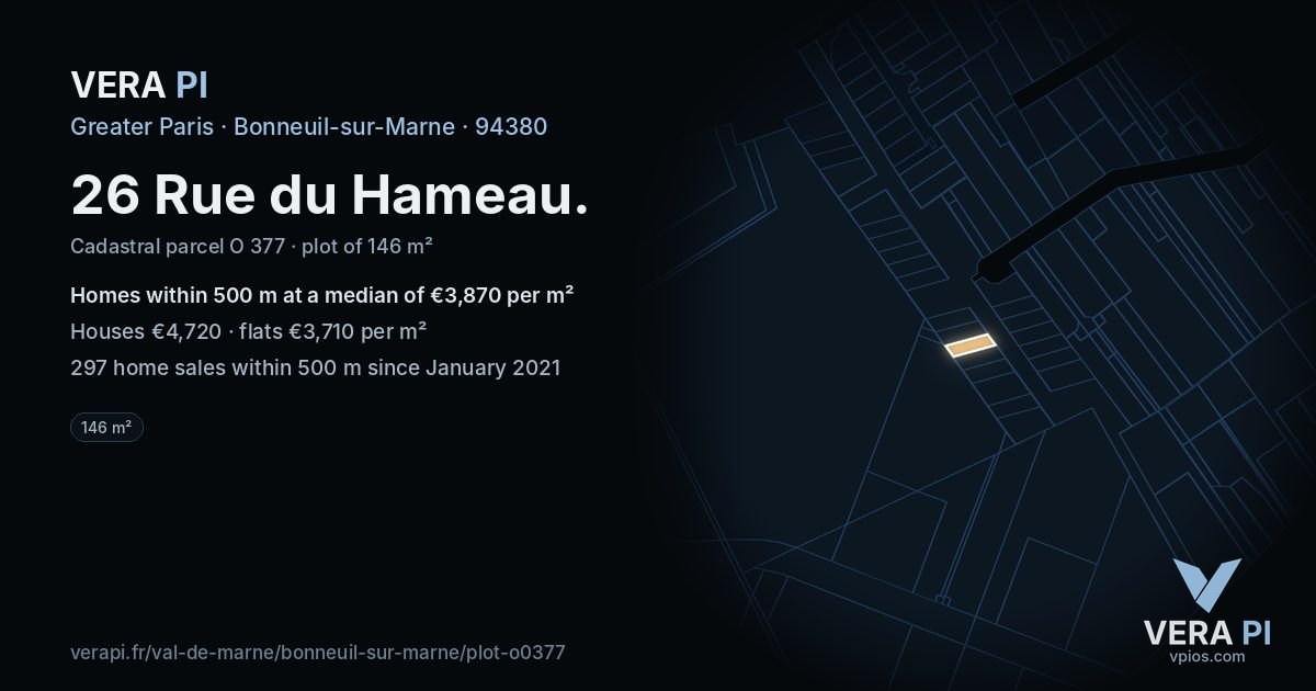 26 Rue du Hameau, Bonneuil-sur-Marne at night – the plot lit, the parcels around coloured by the prices near them