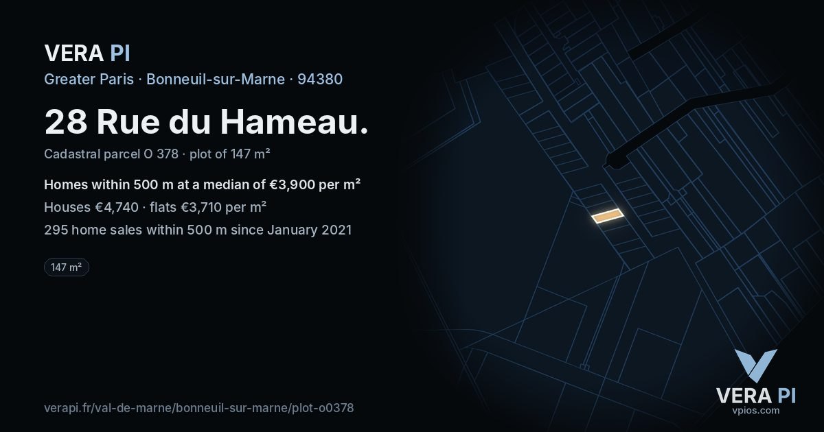 28 Rue du Hameau, Bonneuil-sur-Marne at night – the plot lit, the parcels around coloured by the prices near them