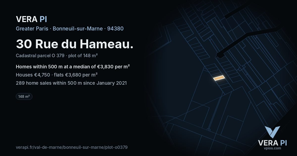 30 Rue du Hameau, Bonneuil-sur-Marne at night – the plot lit, the parcels around coloured by the prices near them