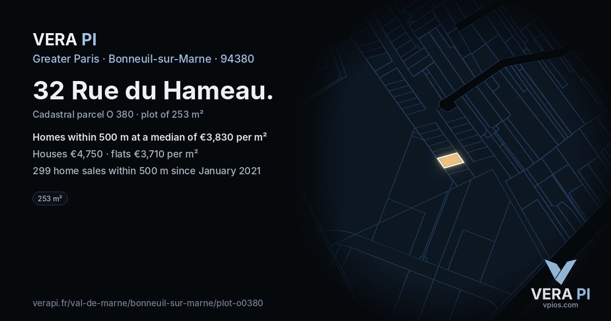 32 Rue du Hameau, Bonneuil-sur-Marne at night – the plot lit, the parcels around coloured by the prices near them