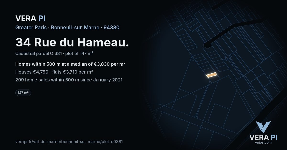 34 Rue du Hameau, Bonneuil-sur-Marne at night – the plot lit, the parcels around coloured by the prices near them