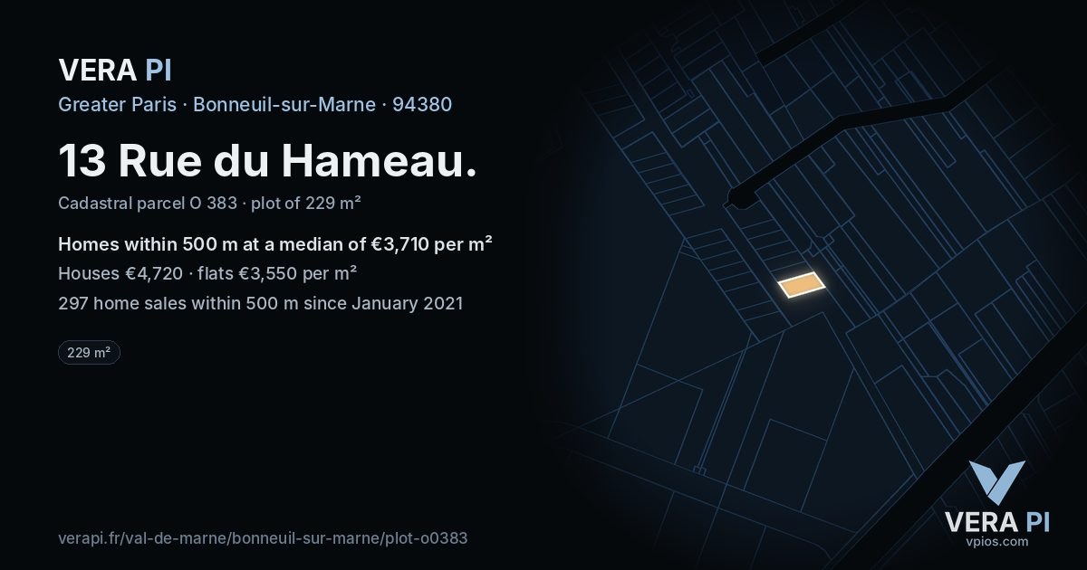 13 Rue du Hameau, Bonneuil-sur-Marne at night – the plot lit, the parcels around coloured by the prices near them