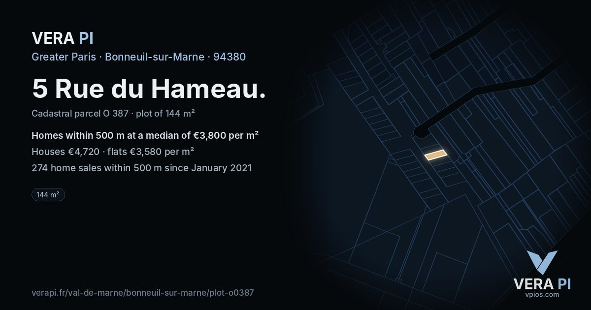 5 Rue du Hameau, Bonneuil-sur-Marne at night – the plot lit, the parcels around coloured by the prices near them