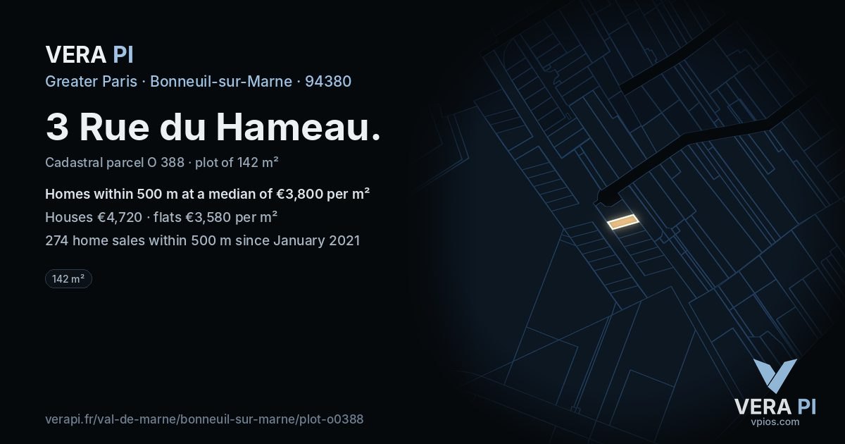 3 Rue du Hameau, Bonneuil-sur-Marne at night – the plot lit, the parcels around coloured by the prices near them