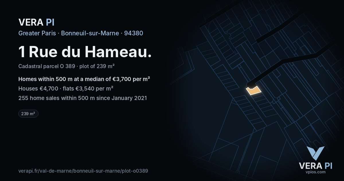 1 Rue du Hameau, Bonneuil-sur-Marne at night – the plot lit, the parcels around coloured by the prices near them