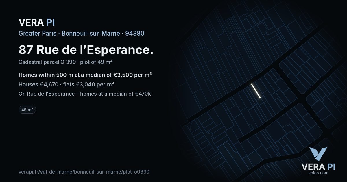 87 Rue de l’Esperance, Bonneuil-sur-Marne at night – the plot lit, the parcels around coloured by the prices near them