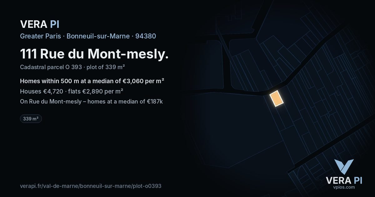 111 Rue du Mont-mesly, Bonneuil-sur-Marne at night – the plot lit, the parcels around coloured by the prices near them