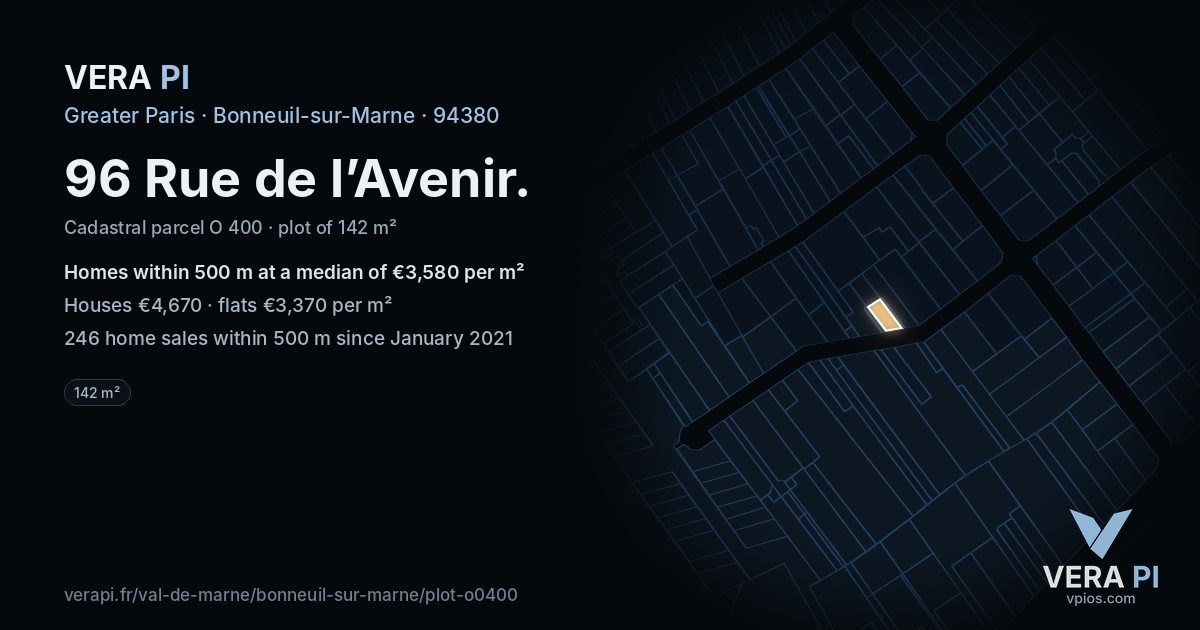 96 Rue de l’Avenir, Bonneuil-sur-Marne at night – the plot lit, the parcels around coloured by the prices near them