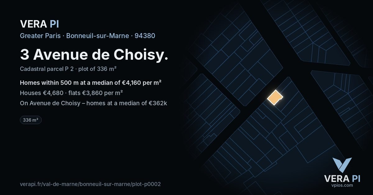 3 Avenue de Choisy, Bonneuil-sur-Marne at night – the plot lit, the parcels around coloured by the prices near them