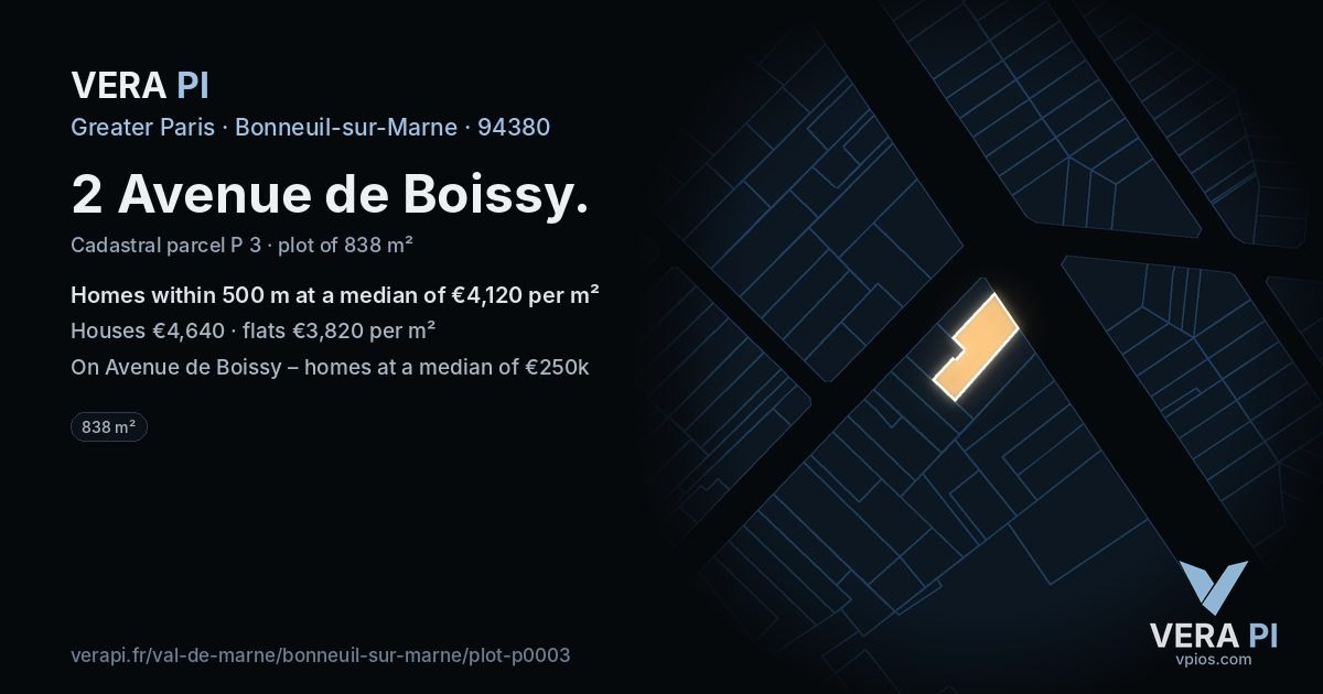 2 Avenue de Boissy, Bonneuil-sur-Marne at night – the plot lit, the parcels around coloured by the prices near them