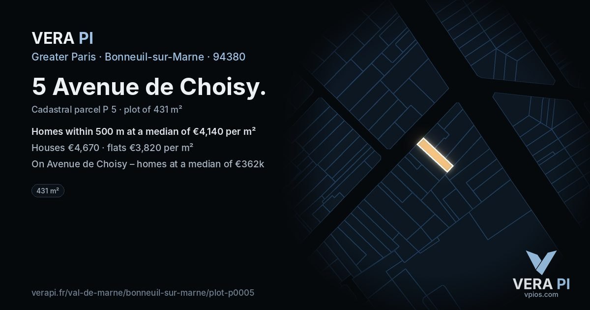 5 Avenue de Choisy, Bonneuil-sur-Marne at night – the plot lit, the parcels around coloured by the prices near them