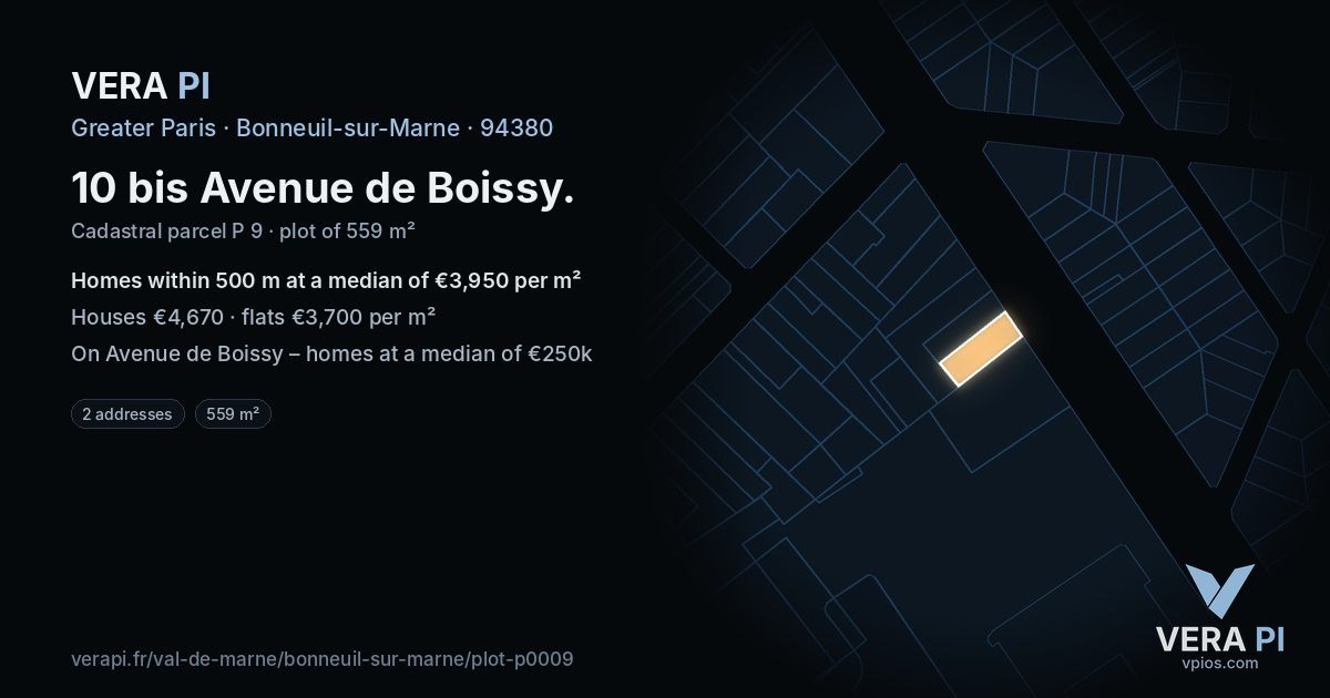 10 bis Avenue de Boissy, Bonneuil-sur-Marne at night – the plot lit, the parcels around coloured by the prices near them