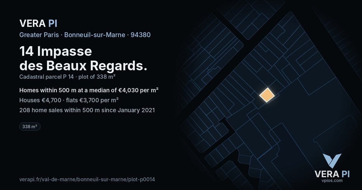 14 Impasse des Beaux Regards, Bonneuil-sur-Marne at night – the plot lit, the parcels around coloured by the prices near them