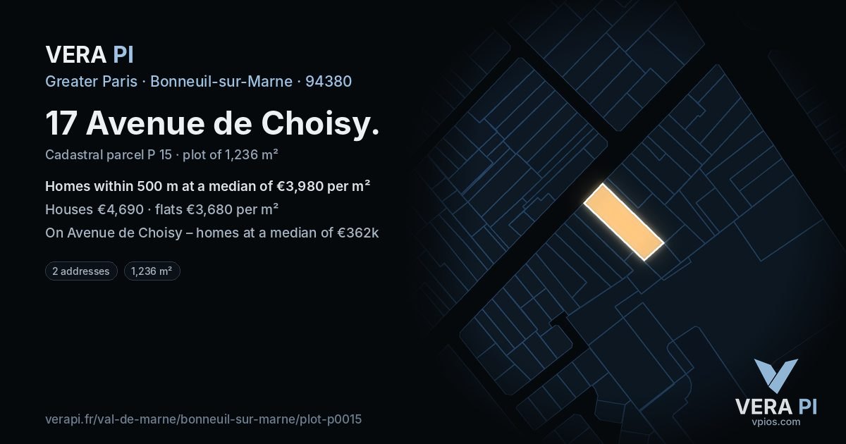17 Avenue de Choisy, Bonneuil-sur-Marne at night – the plot lit, the parcels around coloured by the prices near them
