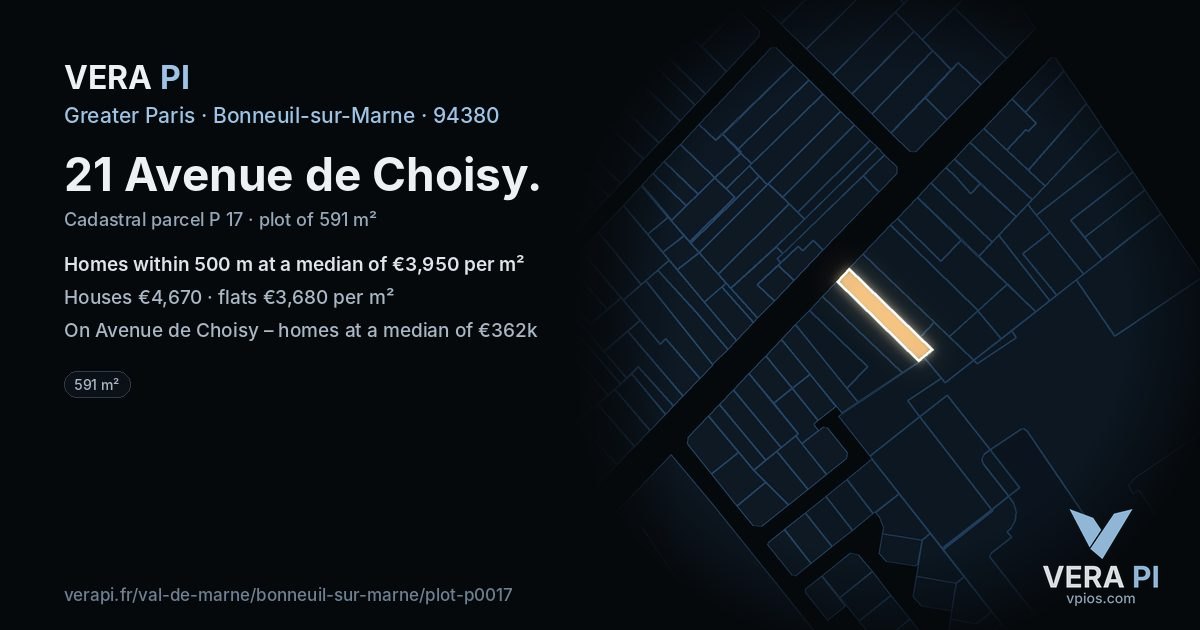 21 Avenue de Choisy, Bonneuil-sur-Marne at night – the plot lit, the parcels around coloured by the prices near them
