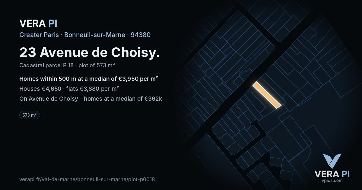 23 Avenue de Choisy, Bonneuil-sur-Marne at night – the plot lit, the parcels around coloured by the prices near them