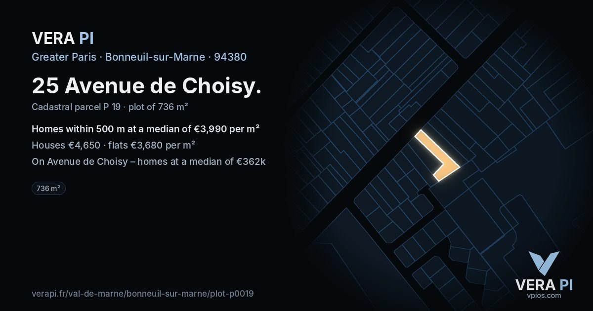 25 Avenue de Choisy, Bonneuil-sur-Marne at night – the plot lit, the parcels around coloured by the prices near them