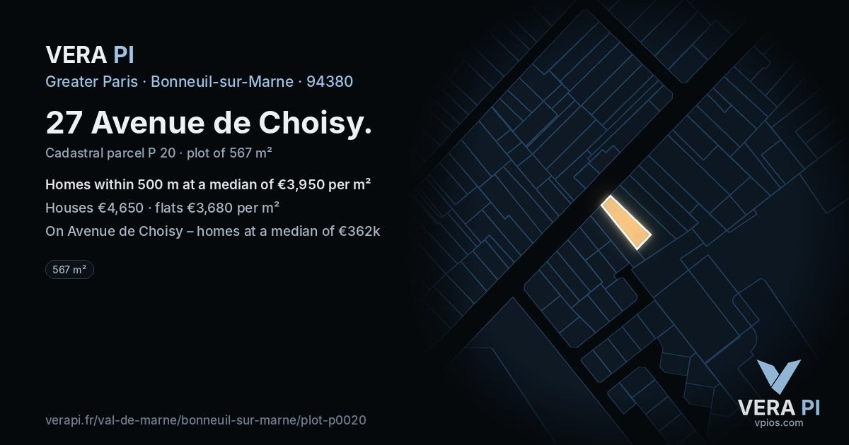 27 Avenue de Choisy, Bonneuil-sur-Marne at night – the plot lit, the parcels around coloured by the prices near them