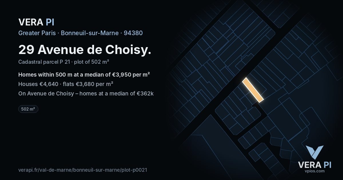 29 Avenue de Choisy, Bonneuil-sur-Marne at night – the plot lit, the parcels around coloured by the prices near them