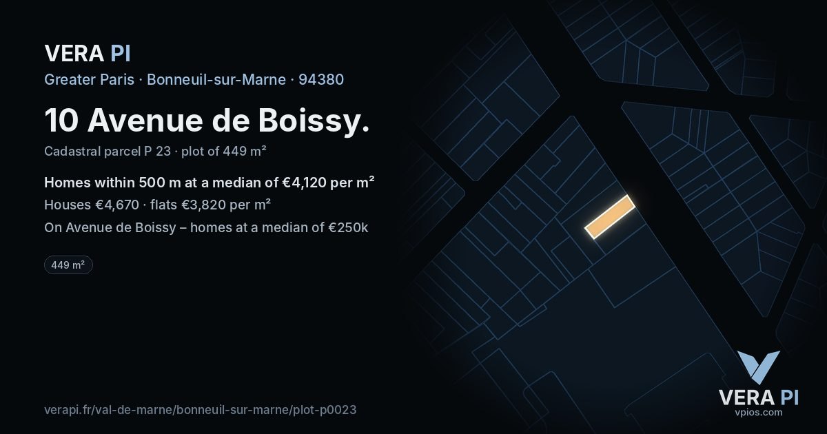 10 Avenue de Boissy, Bonneuil-sur-Marne at night – the plot lit, the parcels around coloured by the prices near them
