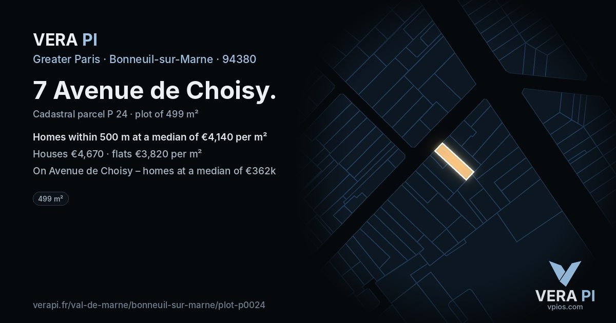 7 Avenue de Choisy, Bonneuil-sur-Marne at night – the plot lit, the parcels around coloured by the prices near them